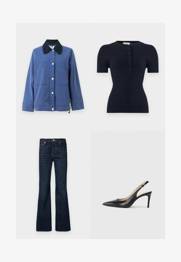 Veste bleue boutonnée avec grandes poches avant, manches longues, et un col en velours côtelé foncé contrastant sur un fond uni.; Haut en maille côtelée bleu marine à manches courtes avec un col rond et une patte de boutonnage devant dotée de quatre boutons recouverts de tissu.; Jean en denim bleu foncé avec une légère patte d'éléphant, fermeture avant par bouton et zip, cinq poches et coutures visibles orange.; Escarpins en cuir noir avec une pointe fine, une bride ajustable et un talon aiguille élégant, présentant une finition lisse.
