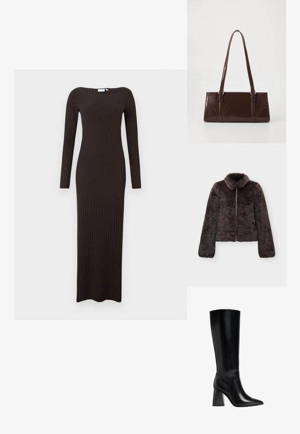 Veste en fausse fourrure marron foncé avec fermeture éclair à l'avant, manches longues et col large arrondi, présentée sur un fond uni.; Robe longue moulante en tissu côtelé de couleur brun foncé, avec manches longues et encolure bateau. Texture lisse avec une coupe longue jusqu'au sol.; Bottes noires montantes en cuir lisse, avec un bout pointu et un talon carré avec des rayures verticales. Design minimaliste.; Sac à main en cuir verni marron de forme rectangulaire, avec deux longues poignées et des accents courbés subtils à l'avant.