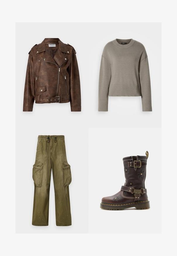 Brun bikerjakke i imiteret læder med sølvlynlåse, trykknapper, bælte i taljen og skulderklapper mod en ensartet baggrund.; Lys grå cropped sweater med rund halsudskæring, dropskuldere og ribbede manchetter og kant. Blød tekstur, enkelt design.; Olivengrønne cargobukser med en afslappet pasform, elastisk talje, snøre, to sidelommer og to store cargolommer. Let slid.; Brun læderstøvle til midt på læggen med præget blomstermønster, to justerbare messing spænder, gul syning og robust sål.