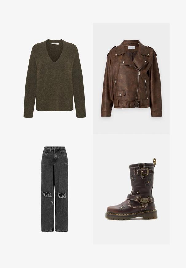 Veste de motard marron en similicuir avec fermetures éclair argentées, boutons-pression, ceinture à la taille et épaulettes, sur un fond uni.; Pull à manches longues vert olive avec un décolleté en V. Tissu doux et texturé avec une coupe légèrement décontractée et des détails de couture minimaux.; Jean noir taille haute, large, avec des genoux déchirés et des détails usés sur fond blanc.; Botte mi-mollet en cuir marron avec détails floraux embossés, deux boucles en laiton réglables, coutures jaunes et semelle robuste.