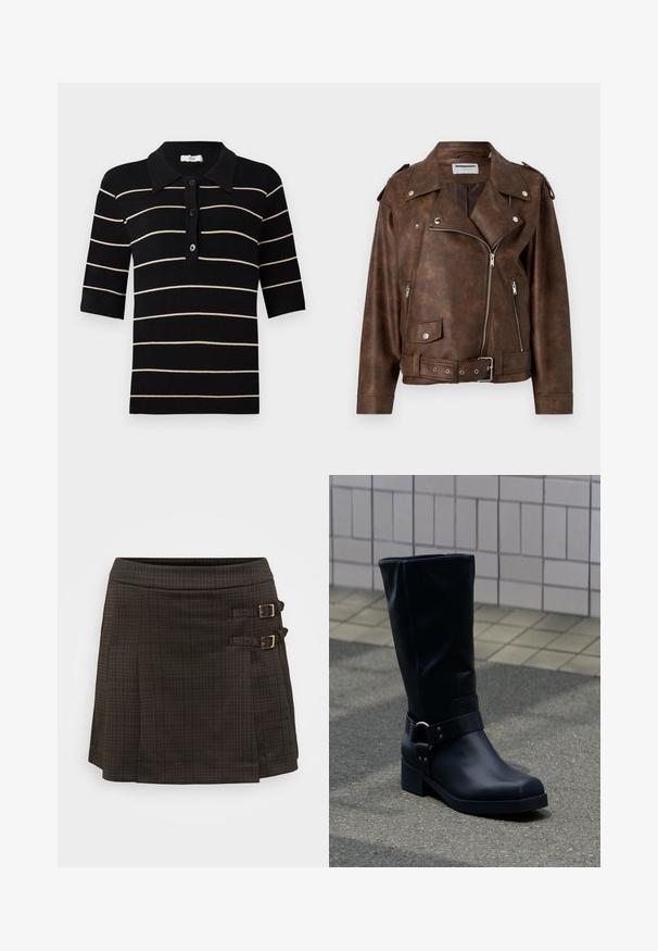 Chaqueta de motorista marrón de cuero sintético con cremalleras plateadas, botones a presión, cintura con cinturón y hombreras, sobre un fondo liso.; Polo de rayas negro y crema con mangas cortas, cierre de botones en la parte delantera y cuello acanalado. Fabricado con tela de punto de textura suave.; Falda de cuadros oscuros, de forma A, con dos hebillas laterales en tono dorado. Está hecha de una tela texturizada con un sutil patrón de cuadros.; Bota negra de cuero hasta la mitad de la pantorrilla con un tacón bajo de bloque y una correa decorativa con hebilla metálica alrededor del tobillo, sobre un pavimento de baldosas.