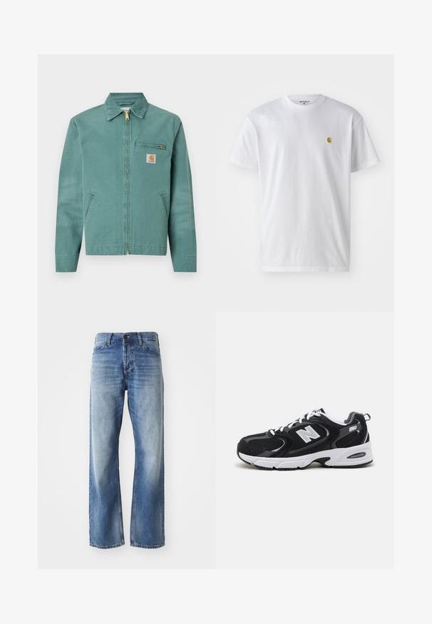 Groene katoenen jas met een ritssluiting aan de voorkant, twee zijzakken en een borstzak. Voorzien van een vierkante logo patch met een gele accent.; Witte katoenen t-shirt met korte mouwen en ronde hals, voorzien van een klein gouden logo op de linkerkant van de borst. Zachte textuur en een normale pasvorm.; Blauwe denim straight-leg jeans met lichte vervaging op de dijen en knieën, met vijf zakken en een knoopsluiting.; Zwarte en grijze sport schoenen met een bovenwerk van mesh en suede, voorzien van een witte tussenzool, veters en een gedurfde "N"-logo aan de zijkant.