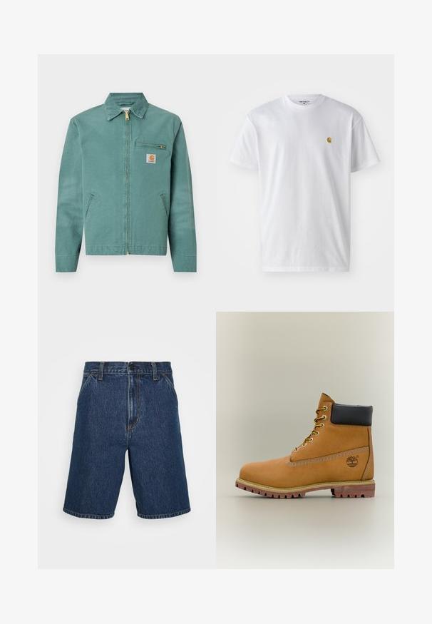 Groene katoenen jas met een ritssluiting aan de voorkant, twee zijzakken en een borstzak. Voorzien van een vierkante logo patch met een gele accent.; Witte katoenen t-shirt met korte mouwen en ronde hals, voorzien van een klein gouden logo op de linkerkant van de borst. Zachte textuur en een normale pasvorm.; Donkerblauwe denim shorts met een rechte snit. Voorzien van gele stiksels en een klassieke vijf-pocketontwerp. Normale tailleband en afgewerkte randen.; Bruine leren enkellaars met zwarte kraag, gele veters en een zandkleurige zool. Voorzien van een logo en witte stikseldetails. Robuuste loopzool met grip.