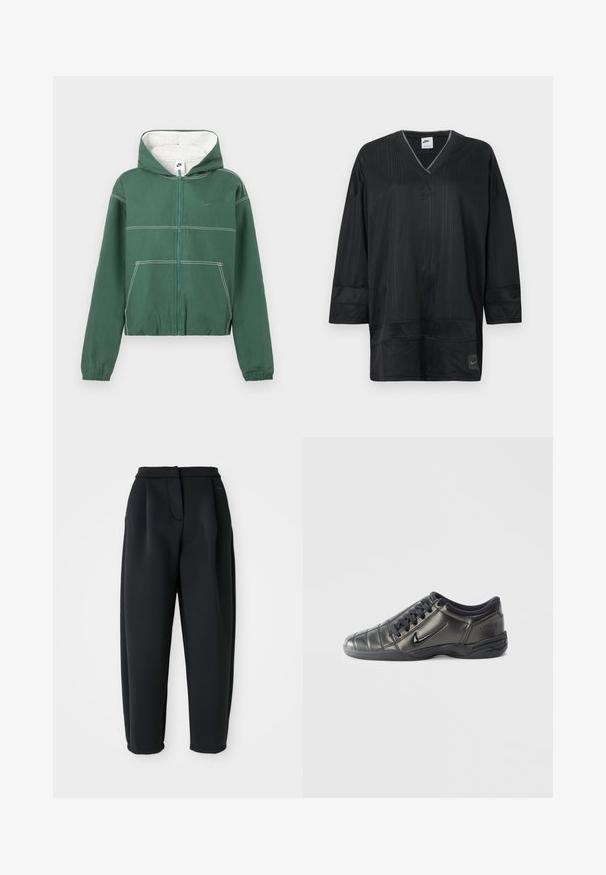 Grøn lynlåstrøje med hvidt indre, hvide syninger, hætte med snøre og to forlommer foran.; Sort Nike kortærmet trøje med V-hals, med lodret ribstruktur, syninger og et logo på venstre bryst. Letvægtsstof.; Sorte bukser lavet af et glat stof, med en skræddersyet talje, plisseret front og tætsiddende ben med opsmøgede kanter.; Sort lavtop Nike-sneaker med snørebånd, syet detaljering og en tekstureret sål imod en simpel hvid baggrund.