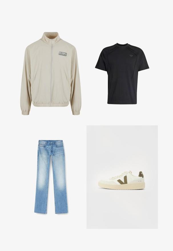 Beige lichtgewicht jack met een hoge kraag, volle rits, elastische boorden en onderkant. Bevat een logopatch op de linker borst en zijzakken.; Zwart Adidas T-shirt met korte mouwen en ronde hals, subtiel merklogo op de borst en gestikte paneeldetails op de schouders en zijkanten.; Lichtblauwe rechte jeans gemaakt van denim, met een vervaagde afwerking, vijf-pocket ontwerp en zichtbare stiksels langs de naden.; Beige sneakers met een textiel bovenwerk, olijfgroene accenten aan de zijkant en een chunky beige zool. Modelnaam "V-90" op de hiel.