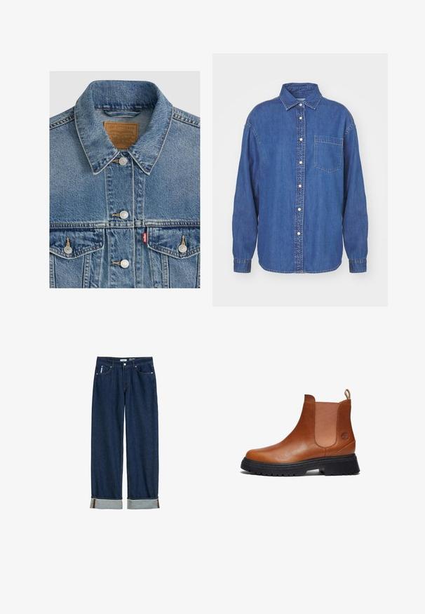Blauwe spijkerjas met zilveren knopen, puntkraag, twee borstzakken, bruin Levi Strauss merkembleem aan de binnenkant van de kraag.; Donkerblauwe denim overhemd met een knoopsluiting aan de voorkant, kraag en één borstzak. Lange mouwen met knoopmanchetten. Klassiek design.; Donkerblauwe denim jeans met een rechte pijp, opgerolde boorden, zichtbare stiksels en een klassieke vijf-vakkenstijl.; Timberland MID CHELSEA - Enkellaarsjes met plateauzool - rust copper