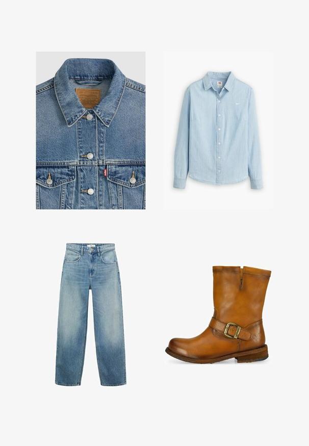 Blå denimjakke med sølvknapper, spids krave, to brystlommer, brun Levi Strauss mærke indeni kraven.; Lyseblå skjorte med knapper lavet af blødt denimstof. Har en klassisk krave og lange ærmer, med et lille logo på brystet.; Lys blå denim bredbenede jeans med høj talje, fem lommer og knaplukning. Fadede mønster mod bunden.; Brune læder ankelstøvle med justerbar rem og messing spænde, struktureret overflade, rund tå og en lav, stablet træhæl.
