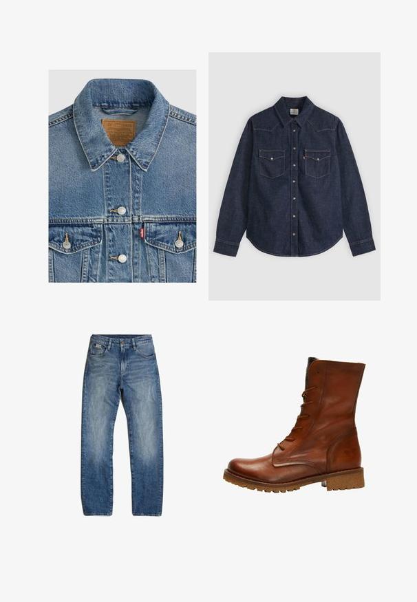 Chaqueta vaquera azul con botones plateados, cuello puntiagudo, dos bolsillos en el pecho, etiqueta de la marca Levi Strauss marrón dentro del cuello.; Camisa de mezclilla azul oscuro de manga larga con cuello puntiagudo, botones de presión delanteros y dos bolsillos en el pecho con solapa y costuras en contraste.; Vaqueros de mezclilla azul con corte recto, ligero desgaste y sutiles marcas de uso. Cuenta con cinco bolsillos y cierre de botón.; Botín de cuero marrón hasta el tobillo con un acabado suave, punta redonda, cordones en la parte delantera y puño texturizado. Presenta una suela resistente para mayor tracción.