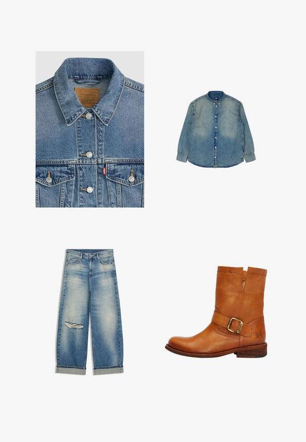 Blue denim jacket with silver buttons, pointed collar, two chest pockets, brown Levi Strauss brand label inside collar.; Light blue denim shirt with long sleeves, button front, classic collar, and subtle fading. Features stitched detailing along seams.; Light blue wide-leg jeans with folded cuffs and a distressed tear on the left thigh, featuring front pockets and belt loops.; Brown leather ankle boot with a flat wooden heel, wide strap and buckle detail, cut-out on the ankle, and embossed logo on the side.