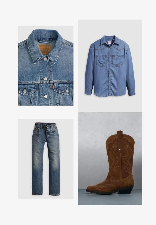 Blå denimjakke med sølvknapper, spids krave, to brystlommer, brun Levi Strauss mærke indeni kraven.; Lyseblå denimskjorte med spidst krave, to brystlommer og trykknapper. Har et western-inspireret stykke på skuldrene.; Blå denimjeans med lige ben, der har synlige sømme, en lynlås, og fem lommer. Udsatte områder tilføjer tekstur.; Brun ruskind cowboystøvle med dekorativ syning og et flagemblem på skaftet, stående på et trægulv udendørs.