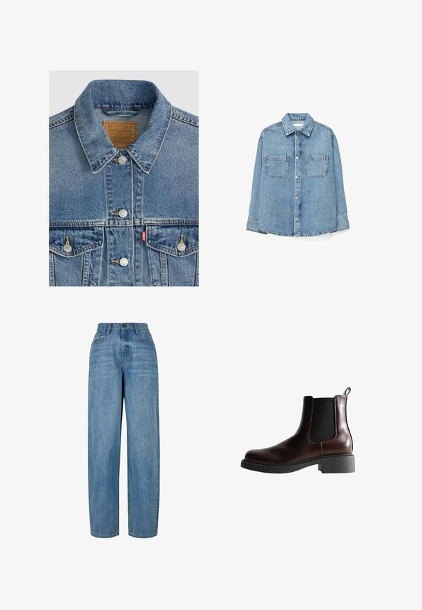 Blå denimjakke med sølvknapper, spids krave, to brystlommer, brun Levi Strauss mærke indeni kraven.; Lyseblå denim skjorte med knapper, to brystlommer og lange ærmer, vist på en ensfarvet hvid baggrund.; Lyseblå denimjeans med lige ben-design, der har en knaplukning, fem lommer og subtilt slid i stoffet.; Brune læder ankelstøvle med elastiske sidepaneler, rund tå og en struktureret sort gummisål. Har kontrasterende syninger og en trækflap.