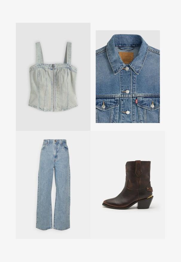 Blå denimjakke med sølvknapper, spids krave, to brystlommer, brun Levi Strauss mærke indeni kraven.; Lyseblå denim korsett-top med brede stropper, lynlåslukning foran, lodrette sømdetaljer og en lige kant.; Lyseblå vidde denimjeans med høj talje, frontknap, lynlås og femlomme-design på ensfarvet baggrund.; Brune læder cowboystøvle med spids tå og stablet hæl. Har et dekorativt diamantmønster og en rem med hardware-detajle.