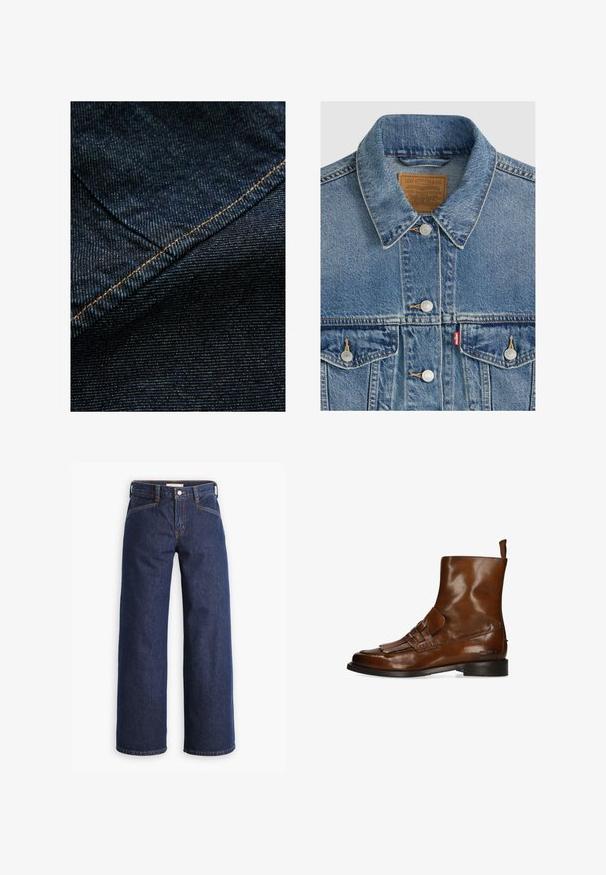 Blauwe spijkerjas met zilveren knopen, puntkraag, twee borstzakken, bruin Levi Strauss merkembleem aan de binnenkant van de kraag.; Donkerblauwe denimstof met een subtiele verticale textuur, voorzien van oranje stiksels langs de naad voor accentuering.; Donkerblauwe spijkerbroek met een hoge taille, wijdvallende pijpen en subtiele oranje stiksels. Bevat een sluiting met een knoop en ritssluiting aan de voorkant.; Bruine leren enkellaars met decoratieve franjes en riem, zwarte zool en trek tab aan de achterkant.
