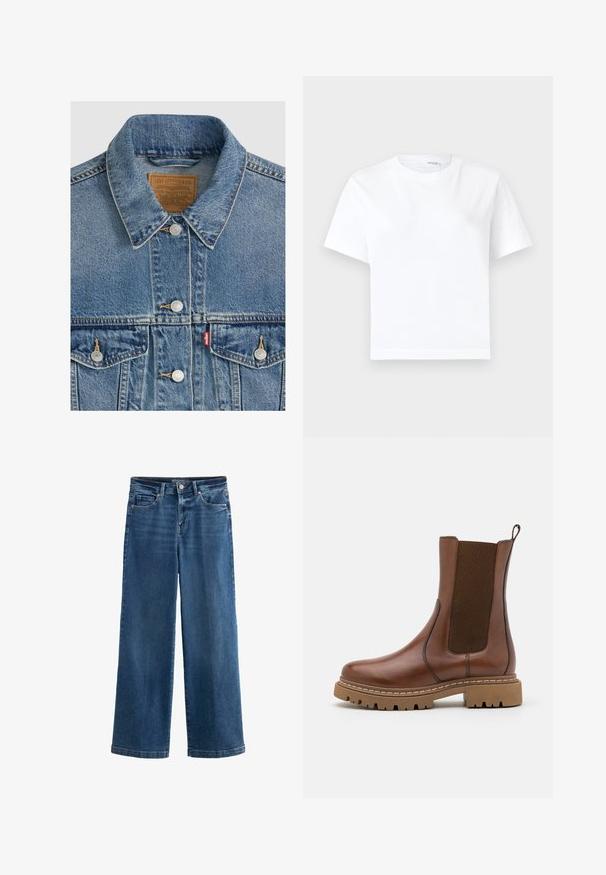 Chaqueta vaquera azul con botones plateados, cuello puntiagudo, dos bolsillos en el pecho, etiqueta de la marca Levi Strauss marrón dentro del cuello.; Camiseta blanca lisa de algodón de manga corta con cuello redondo y dobladillo recto, mostrada sobre un fondo blanco.; Jeans anchos de mezclilla azul, con cintura alta, cinco bolsillos, sutil desgastado, cierre de botón y costuras contrastadas.; Botín de cuero marrón con paneles elásticos y una lengüeta. Presenta una suela de goma gruesa y detalles de costura visibles a lo largo de los bordes.