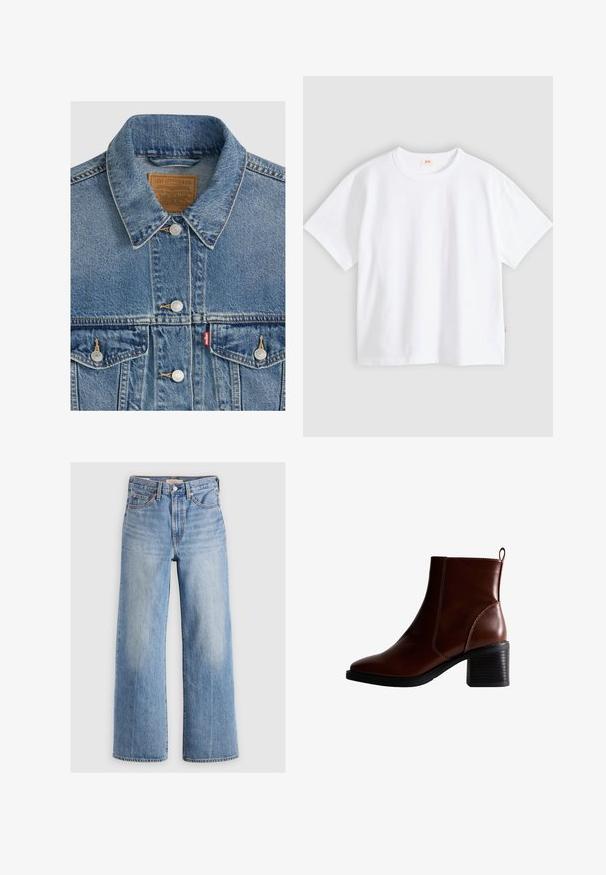 Blaue Jeansjacke mit silbernen Knöpfen, spitzem Kragen, zwei Brusttaschen, braunes Levi Strauss Markenlabel innen am Kragen.; Weißes Baumwoll-T-Shirt mit kurzen Ärmeln, rundem Ausschnitt, lockerer Passform, glatter Textur und einem kleinen Logetikett an der linken Seitennaht.; Helleblaue Jeans mit weitem Bein und hoher Taille, mit ausgewaschenen Stellen, fünf Taschen und Kontrastnähten. Klassische Knopf- und Reißverschlussöffnung.; Braune Leder-Ankle-Boots mit quadratförmiger Spitze und seitlicher Naht, einem 7,5 cm hohen Blockabsatz und einem Ziehhilfen an der Rückseite für einfaches An- und Ausziehen.