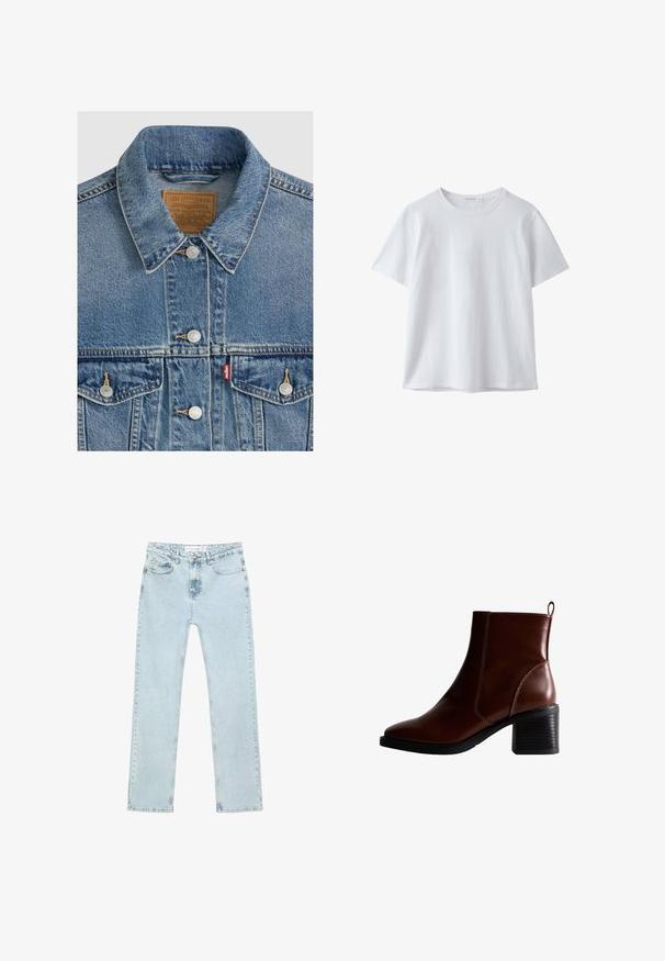 Veste en jean bleu avec boutons argentés, col pointu, deux poches poitrine, étiquette de marque Levi Strauss marron à l'intérieur du col.; T-shirt blanc uni à manches courtes et col rond, en tissu doux, présenté sur fond blanc.; Jean droit bleu clair en denim. Comprend des poches avant, une fermeture éclair avec un bouton, et des coutures visibles le long des coutures.; Bottine en cuir marron avec un bout carré et des coutures sur le côté, un talon empilé de 7,5 cm, et une languette au dos pour un enfilage facile.