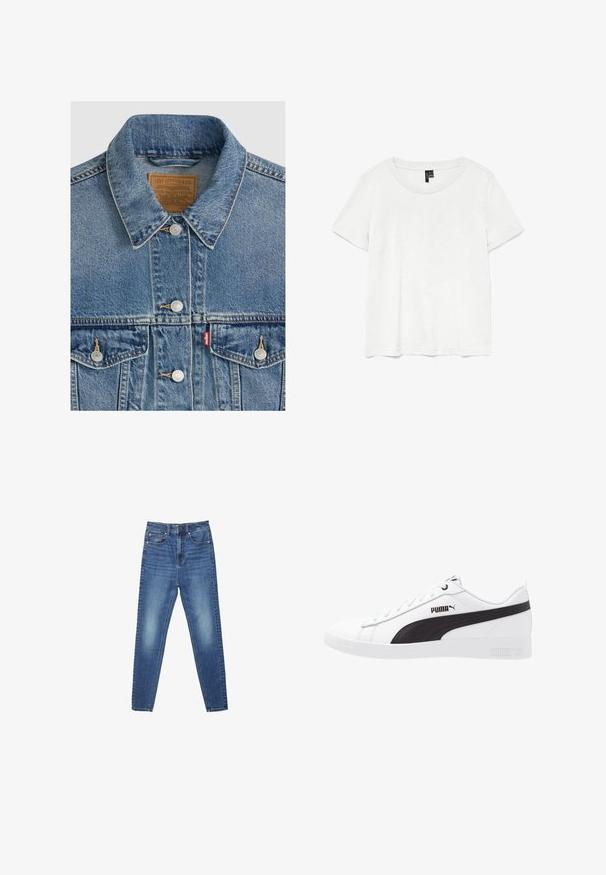 Blaue Jeansjacke mit silbernen Knöpfen, spitzem Kragen, zwei Brusttaschen, braunes Levi Strauss Markenlabel innen am Kragen.; Weißes T-Shirt mit kurzen Ärmeln und rundem Ausschnitt, hergestellt aus leichtem Stoff. Schlichtes Design, glatte Textur und gerader Saum.; Blaue, hoch taillierte, schmal geschnittene Jeans aus Denim mit Taschen vorne und hinten, Knopfverschluss sowie dezenten Verwaschungen an Oberschenkeln und Knien.; Weißer Sneaker mit schwarzem synthetischem Seitestreifen und Puma-Logo, mit glatter Textur, runder Zehenform und Schnürverschluss.