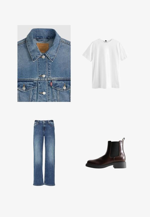 Chaqueta vaquera azul con botones plateados, cuello puntiagudo, dos bolsillos en el pecho, etiqueta de la marca Levi Strauss marrón dentro del cuello.; Camiseta blanca lisa de manga corta con cuello redondo y una etiqueta negra en el interior del cuello, mostrada plana sobre un fondo blanco.; Jeans de mezclilla azul de pierna ancha con un lavado deslavado, cierre de botón y diseño de cinco bolsillos. Presenta un corte recto y holgado.; Botín de cuero marrón con paneles laterales elásticos, puntera redonda y suela de goma negra texturizada. Presenta costuras en contraste y una pestaña para facilitar el calce.