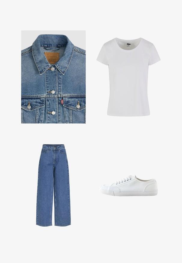 Chaqueta vaquera azul con botones plateados, cuello puntiagudo, dos bolsillos en el pecho, etiqueta de la marca Levi Strauss marrón dentro del cuello.; Camiseta blanca de manga corta hecha de algodón. Presenta un escote redondeado y una forma ajustada. La etiqueta dice "URBAN CLASSICS."; Pantalones vaqueros de pernera ancha y cintura alta, fabricados en tejido de mezclilla. Incluye bolsillos frontales y un cierre de botón. Diseño clásico y casual.; Zapatilla blanca de lona de corte bajo con cordones blancos y suela de goma, mostrada de lado sobre un fondo blanco.