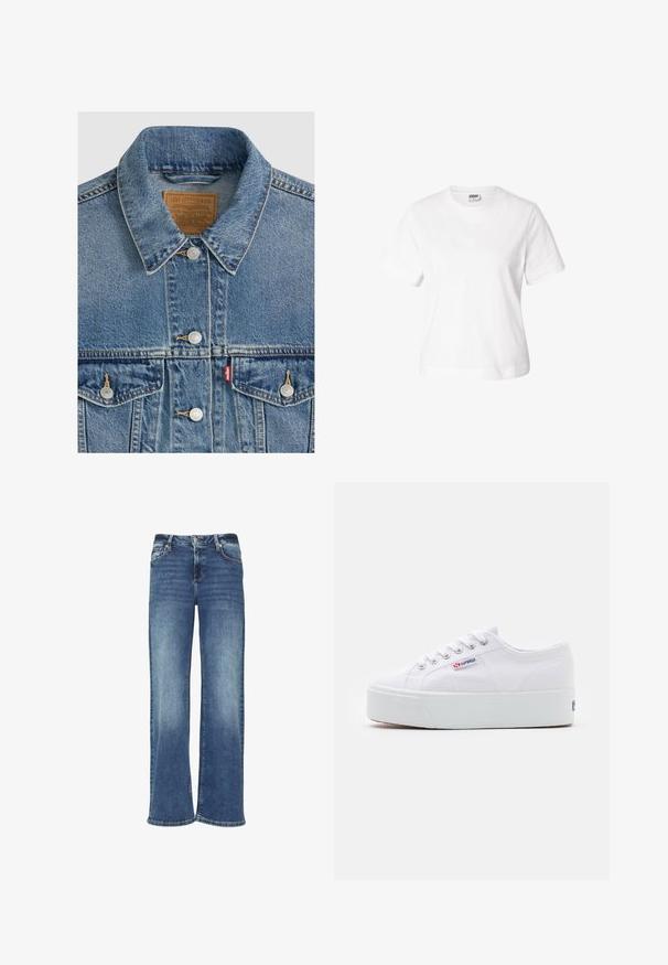 Chaqueta vaquera azul con botones plateados, cuello puntiagudo, dos bolsillos en el pecho, etiqueta de la marca Levi Strauss marrón dentro del cuello.; Camiseta blanca lisa de manga corta con cuello redondo, ajuste regular y etiqueta visible dentro del cuello sobre un fondo blanco.; Jeans de mezclilla azul de pierna ancha con un lavado deslavado, cierre de botón y diseño de cinco bolsillos. Presenta un corte recto y holgado.; Zapatilla de lona blanca con una gruesa suela de plataforma blanca, punta redonda y ojales de metal para los cordones. Logotipo de la marca mostrado en el lateral.