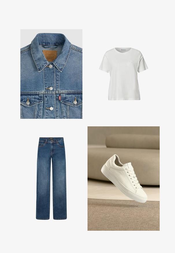 Chaqueta vaquera azul con botones plateados, cuello puntiagudo, dos bolsillos en el pecho, etiqueta de la marca Levi Strauss marrón dentro del cuello.; Camiseta blanca de manga corta y cuello redondo con un pequeño diseño bordado de concha marina en el pecho izquierdo y una etiqueta Street One en el interior del escote.; Vaqueros de pierna ancha en lavado azul medio. Cuentan con cinco bolsillos, cierre de botón y cremallera, y costuras doblemente reforzadas. Tejido duradero.; Zapatilla blanca de cuero con diseño clásico, cierre de cordones, suela plana de goma y detalles texturizados. Estética limpia y minimalista.