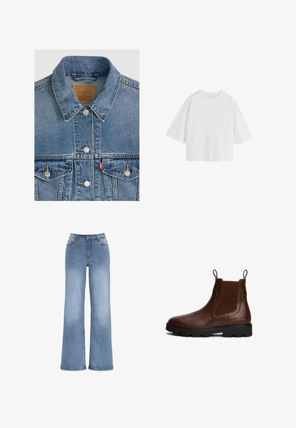 Blå denimjakke med sølvknapper, spids krave, to brystlommer, brun Levi Strauss mærke indeni kraven.; Simpel hvid oversized T-shirt med korte ærmer, rund hals og løs pasform.; Lyseblå vidde jeans lavet af denim. Har en knaplukning, fem lommer og syninger i kontrast. Glat overflade med en let falma.; Brune læder Chelsea støvle med elastiske sidepaneler, trækflapper, sort gummisål og guld logo detaljer på siden. Glat tekstur.