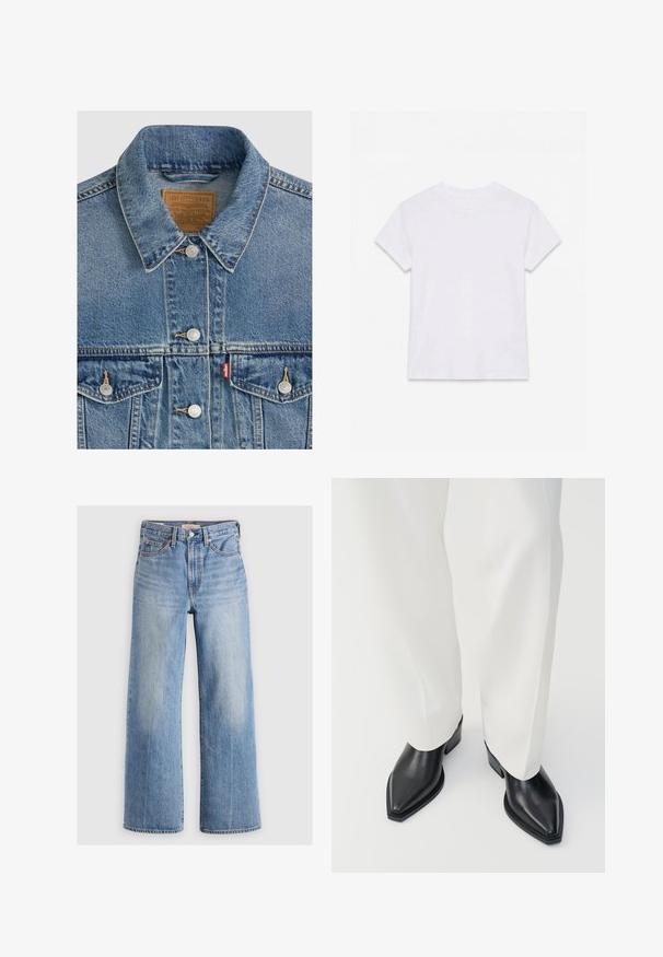 Chaqueta vaquera azul con botones plateados, cuello puntiagudo, dos bolsillos en el pecho, etiqueta de la marca Levi Strauss marrón dentro del cuello.; Camiseta blanca lisa de algodón de manga corta y cuello redondo, colocada plana sobre un fondo blanco.; Pantalones vaqueros de mezclilla de corte ancho en azul claro, con cintura alta, zonas desteñidas, cinco bolsillos y costuras en contraste. Cierre clásico con botón y cremallera.; Botas de tobillo negras con punta afilada y acabado de cuero liso, con tacones bajos y bloque, combinadas con pantalones blancos de pierna ancha. Diseño simple y moderno.