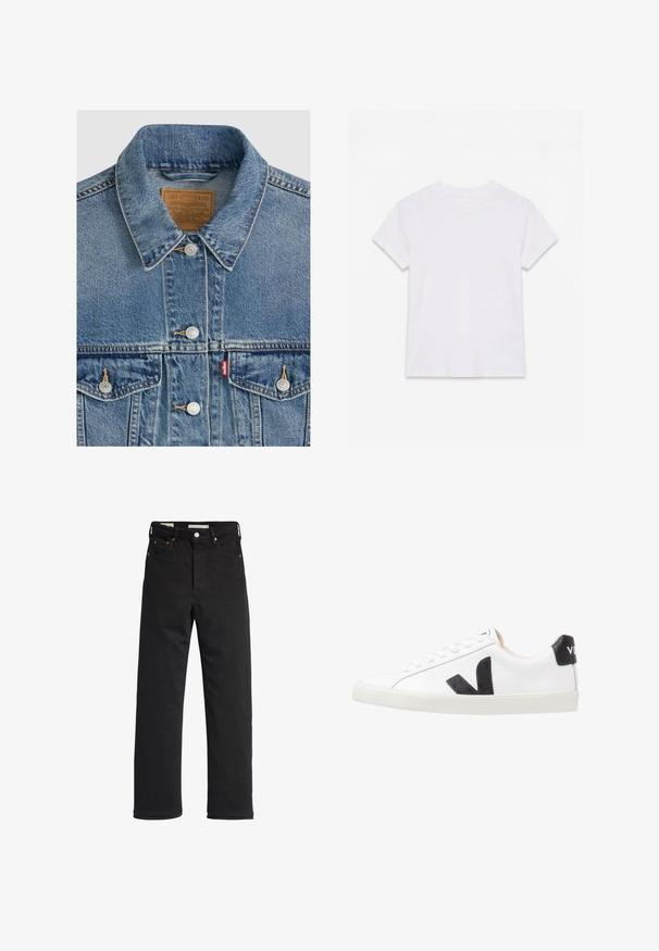 Blaue Jeansjacke mit silbernen Knöpfen, spitzem Kragen, zwei Brusttaschen, braunes Levi Strauss Markenlabel innen am Kragen.; Schlichtes weißes kurzärmliges Baumwoll-T-Shirt mit Rundhalsausschnitt, flach auf einem weißen Hintergrund liegend.; Schwarze Denim-Jeans mit geradem Bein, hoher Taille, fünf Taschen, Metallknopfverschluss und minimalen Stitching-Details.; Weißer Sneaker mit einem schwarzen V-Logo, ausgestattet mit einem glatten Lederoberteil, runder Zehenpartie, Schnürverschluss und kontrastierendem schwarzen Fersenbereich.