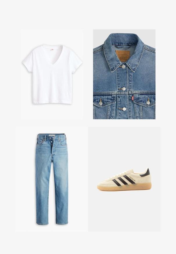 Chaqueta vaquera azul con botones plateados, cuello puntiagudo, dos bolsillos en el pecho, etiqueta de la marca Levi Strauss marrón dentro del cuello.; Camiseta blanca de algodón con escote en V, mangas cortas y dobladillo recto. Textura suave, diseño minimalista, sin estampados ni acentos.; Vaqueros de mezclilla azul claro con bragueta de botones, piernas de corte recto, cinco bolsillos y sutiles desgastes. Se observan remaches de cobre y detalles de costura.; Zapatilla de ante color crema con rayas negras, suela de goma, lengüeta negra en el talón y texto dorado "SPEZIAL" en el lateral.