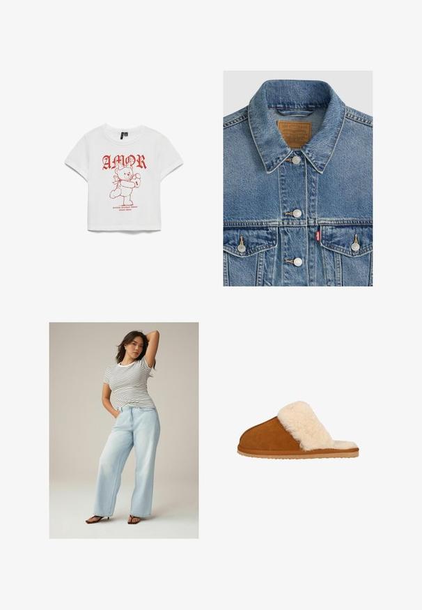 Blauwe spijkerjas met zilveren knopen, puntkraag, twee borstzakken, bruin Levi Strauss merkembleem aan de binnenkant van de kraag.; Witte T-shirt met korte mouwen featuring rode grafische tekst "AMOR" en een teddybeer die een slot vasthoudt. Gemaakt van katoen, met een losse pasvorm en cropped ontwerp.; Vrouw met donker haar, die een wit-zwart gestreept T-shirt draagt, lichtblauwe wijde jeans en bruine sandalen met hak, poseert met één arm omhoog.; Bruine suedine slipper met een fluffy crèmekleurige bovenkant van bont, platte zool en open teen ontwerp, die een simpele en gezellige uitstraling laat zien.