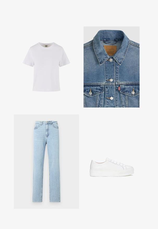Chaqueta vaquera azul con botones plateados, cuello puntiagudo, dos bolsillos en el pecho, etiqueta de la marca Levi Strauss marrón dentro del cuello.; Camiseta de algodón blanca con mangas cortas, cuello redondo y corte recto. Textura suave, diseño sencillo, sin patrones ni acentos visibles.; Vaqueros azul claro de corte recto con bolsillos delanteros, trabillas para cinturón y cierre de botón y cremallera.; Zapatilla blanca de cuero con superficie lisa, punta redonda y suela plana. Presenta cierre con cordones y detalles de costura sutiles.