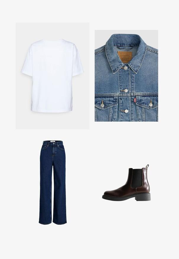 Blå denimjakke med sølvknapper, spids krave, to brystlommer, brun Levi Strauss mærke indeni kraven.; Enkelt hvid kortærmet bomulds t-shirt vist bagfra mod en lys grå baggrund.; Mørkeblå jeans med høj talje og vide ben, der har forlommer, bæltestropper, knaplukning og synlige stingdetaljer.; Brune læder ankelstøvle med elastiske sidepaneler, rund tå og en struktureret sort gummisål. Har kontrasterende syninger og en trækflap.