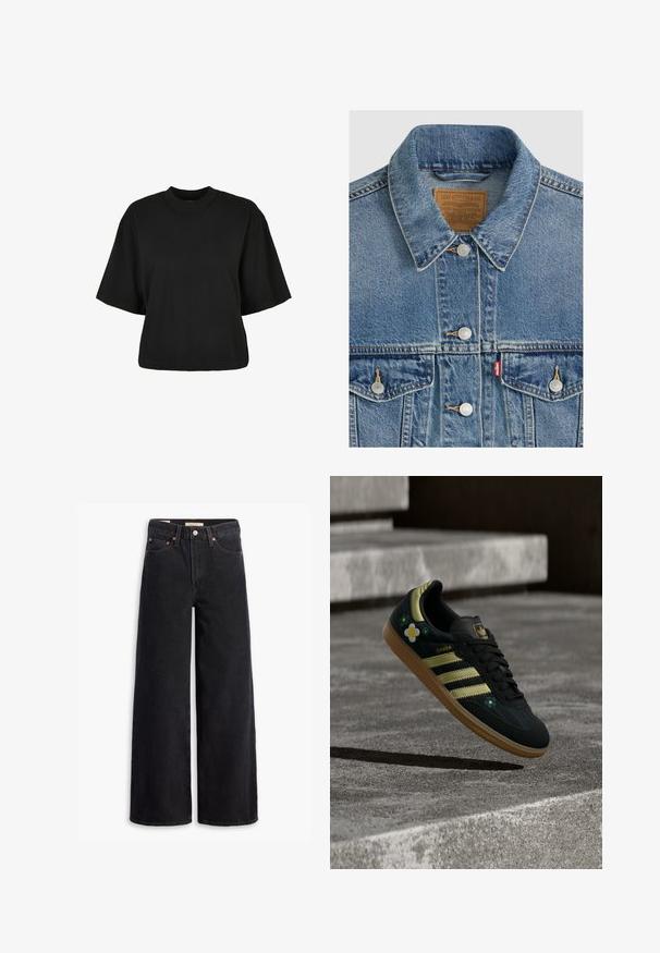 Blauwe spijkerjas met zilveren knopen, puntkraag, twee borstzakken, bruin Levi Strauss merkembleem aan de binnenkant van de kraag.; Zwart cropped t-shirt van katoen. Heeft korte mouwen en een ronde halslijn. Glad materiaal met een eenvoudig ontwerp, geen extra patronen.; Zwarte brede jeans gemaakt van denim, met vijf zakken, koperen klinknagels en een klassieke knoopsluiting. Glad van textuur met een strakke uitstraling.; Zwarte leren sneaker met gouden strepen en bloemenborduursel. Voorzien van een gumzool, ronde neus en veters aan de voorkant. Merknaam "SAMBA" zichtbaar.