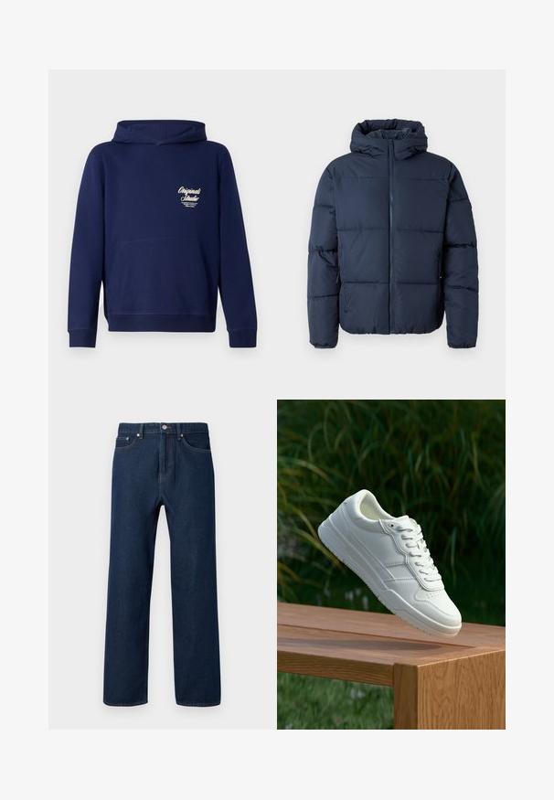 Veste rembourrée marine avec capuche, dotée d'une fermeture éclair avant et de panneaux cousus. Le matériau est lisse et légèrement brillant avec une texture rembourrée.; Un sweat à capuche bleu marine avec une poche kangourou à l'avant, des poignets côtelés et un logo sur la poitrine. Fabriqué en tissu doux avec une texture lisse.; Jean en denim bleu foncé avec une coupe droite, cinq poches et des coutures visibles. Possède un bouton de fermeture et des passants de ceinture.; Baskets en cuir blanc avec une texture lisse, présentant un design perforé, un laçage classique et une semelle en caoutchouc, positionnées au-dessus d'une surface en bois.