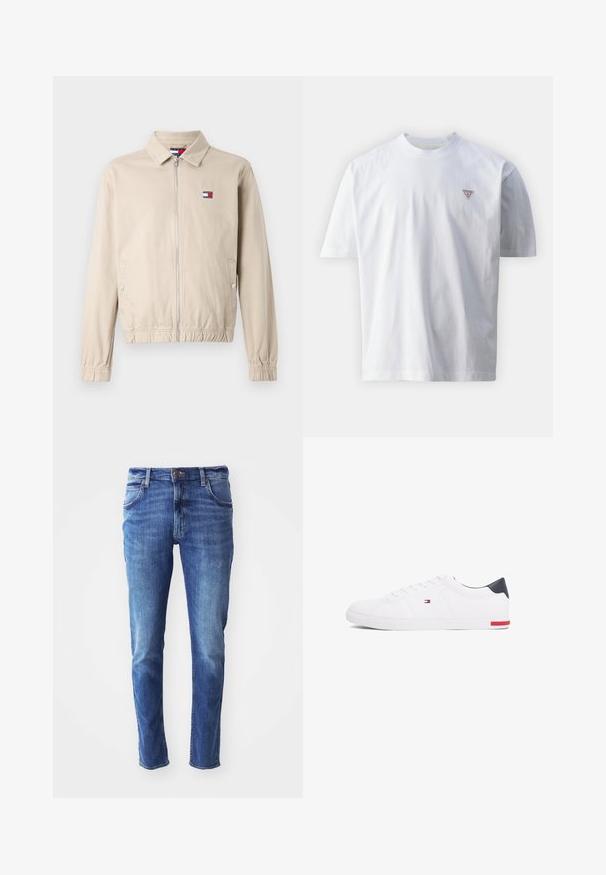 Khakifarbene Jacke mit Reißverschluss, Kragen, elastischen Bündchen und tailliertem Schnitt. Mit kleinem Logo auf der linken Brust. Glatte Stoffstruktur.; Weißes Baumwoll-T-Shirt mit runden Halsausschnitt, kurzen Ärmeln und einem kleinen roten Dreieckslogo auf der linken Brustseite. Glatte Textur.; Blaue Jeans aus Denim im Slim Fit mit einem Five-Pocket-Design und leichten Abnutzungen. Mit einer markierten Knopf- und Reißverschlussöffnung.; Weißes Low-Top-Sneaker aus glattem Leder. Mit einem marineblauen Fersenstück und einem roten Akzent an der Sohle. Sechs Ösen für die Schnürsenkel.