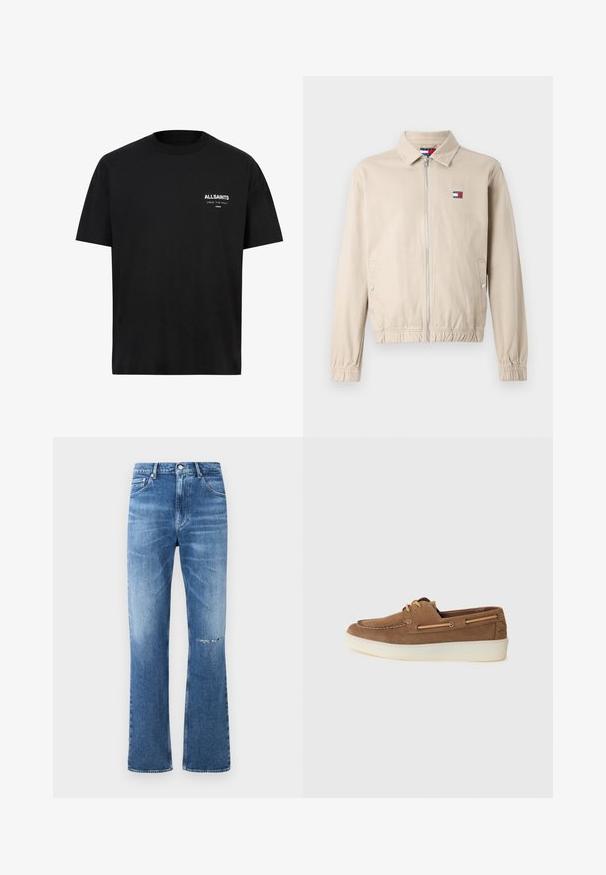 Khaki värvi lukuga jakk kraega, elastsete mansettide ja lõhikuga taljega. Vasakul rinnal väike logo. Sile kangapind.; Must t-särk lühikeste varrukatega ja ümberringi kaelusega. Vasakul rinnal on valge tekst "ALLSAINTS" ja "LONDON".; Sinine denimist laienevad teksad, millel on pleekinud pesu ja kulunud põlvedetailid. Omab nööbi ja lukuga sulgemist, klassikaline viie tasku disain.; Pruunid nobedad paadi kingad kreemja kummitaldaga, nööridetailiga ja kontrastõmblustega, millel on madal profiil ja kerge konstruktsioon.