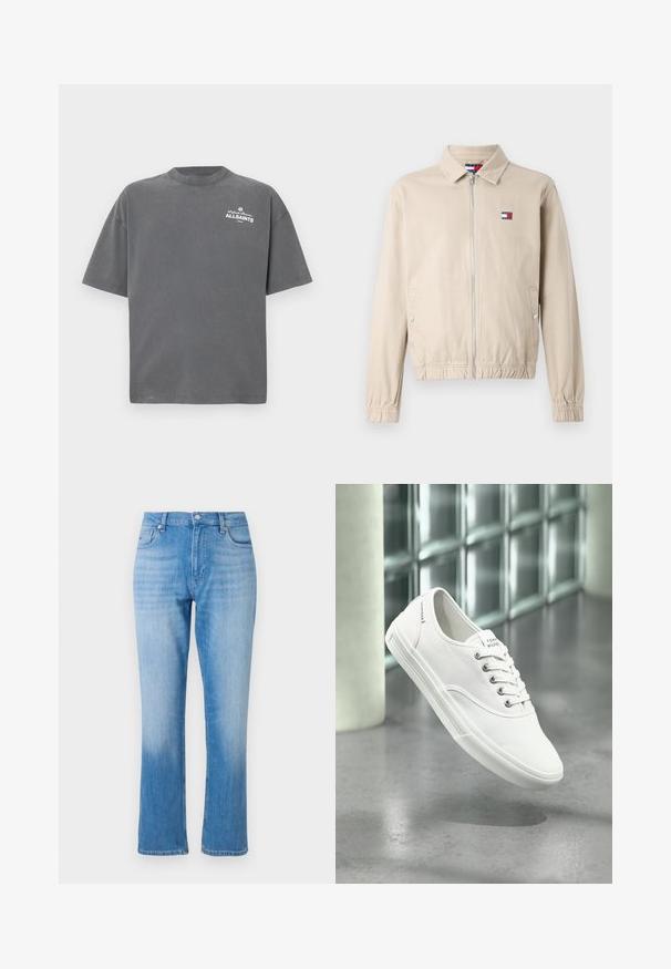 Khakifarvet jakke med lynlås, krave, elastiske manchetter og en figursyet talje. Har en lille logo på venstre bryst. Glat stoftekstur.; Mørkegrå T-shirt med korte ærmer og rund hals med lille hvid "ALLSAINTS"-logo på øverste venstre bryst.; Lyseblå denim jeans med lige ben, der har en klassisk fem-lomme stil, knaplukning og subtil falmning nær kanten.; Hvid lavtop lærredssneaker med snørebånd, mærket Tommy Hilfiger, vist svævende over en glat grå gulv nær en væg af glasblokke.