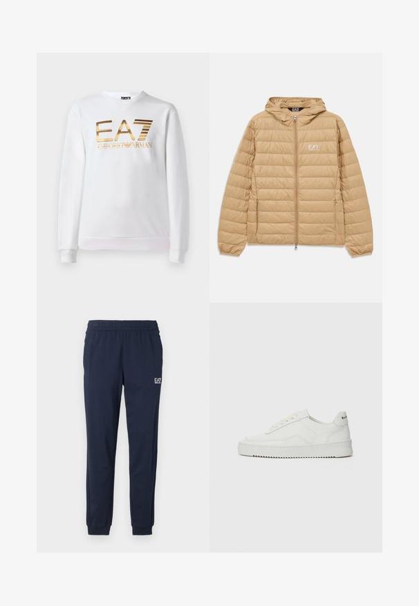Lysebrun kviltet hættejakke med frontlynlås og EA7 Emporio Armani-logo på venstre bryst.; Hvid sweatshirt lavet af bomuld med lange ærmer og rund halsudskæring. Har et metallisk guld logo "EA7 EMPORIO ARMANI" på forsiden.; Mørkeblå sweatpants med elastisk talje og manchetter. Har et lille hvidt logo på venstre ben. Fremstillet af et blødt, strækbart materiale.; Hvide lædersneakers med en glat overflade, rund tå, flade snørebånd og en tekstureret sål. Har et diskret logo på hælen.