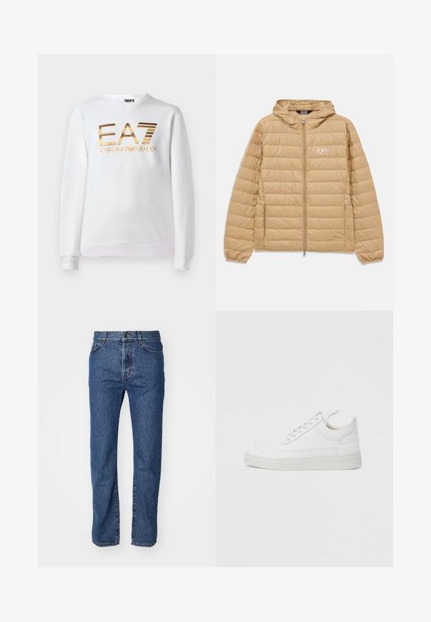 Kergelt pruunist õmblustatud kapuutsiga jakk, millel on ees lukk ja EA7 Emporio Armani logo vasakul rinnal.; Valge puuvillane dressipluus, millel on pika varruka ja ümmargune kaelus. Ees on metallik kuldne logo "EA7 EMPORIO ARMANI."; Heledad denim-tepped sinised teksad, sirge jala lõikega, viie taskuga, nähtava õmblusega ja nööbiga sulgmiseks vööl.; Valge nahast tennisking ümarate varvastega, tasase tallaga ja eespaelaga. Omab õmbluste detaile ning pehmet ääreosa mugavuse tagamiseks.