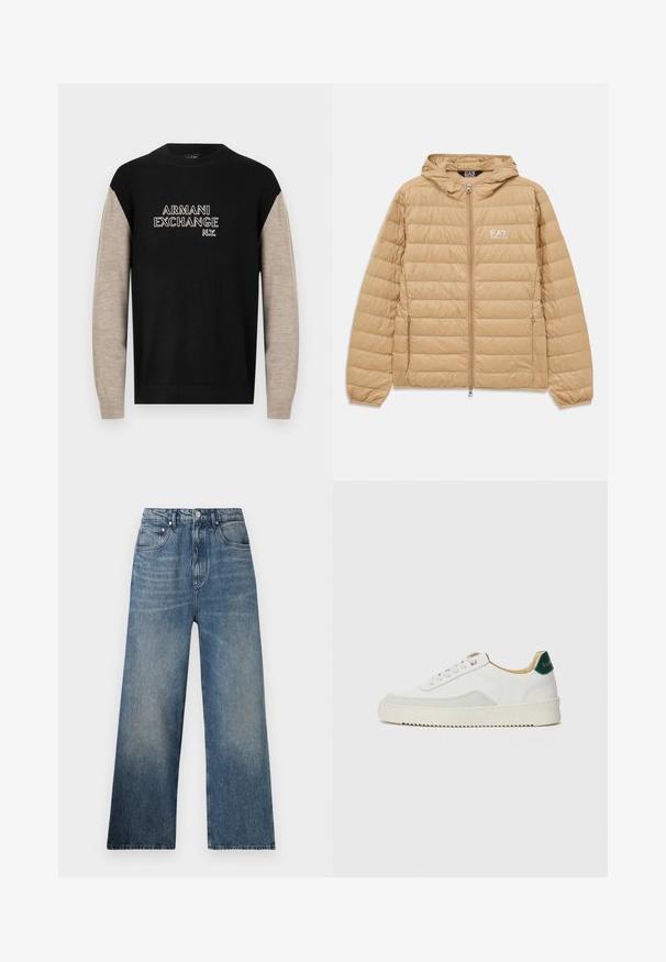 Veste à capuche matelassée marron clair avec fermeture éclair sur le devant et logo EA7 Emporio Armani sur la poitrine gauche.; Pull noir et beige à manches longues, avec un col rond et le logo "ARMANI EXCHANGE N.Y." en surpiqûres blanches contrastantes.; Jean large en denim bleu à taille haute, avec une légère décoloration, cinq poches et une fermeture à bouton en métal à l'avant.; Baskets blanches avec des accents en daim, bout arrondi, lacets plats et semelle en caoutchouc crème. Présente une marque verte sur le talon.