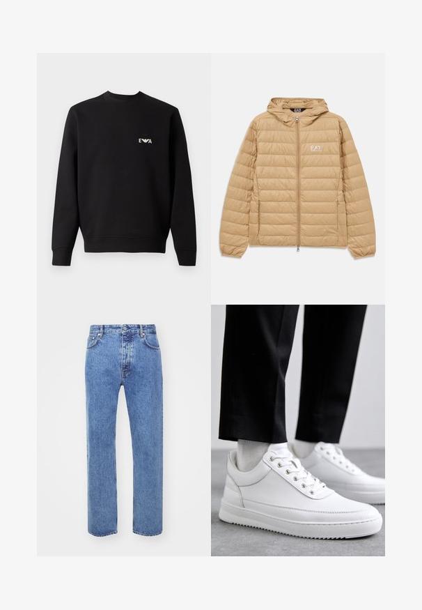 Lysebrun kviltet hættejakke med frontlynlås og EA7 Emporio Armani-logo på venstre bryst.; Sort sweatshirt med rund hals, lange ærmer og ribbede manchetter. Har et lille hvidt broderet logo på brystet. Stoffet er en blanding af bomuld.; Won Hundred STEVE - Jeans Relaxed Fit - cut blue; Hvide lædersneakers med en flad gummisål, der har en glat overflade, rund tå og metaløjer til snørebånd. Bæret med sorte bukser.