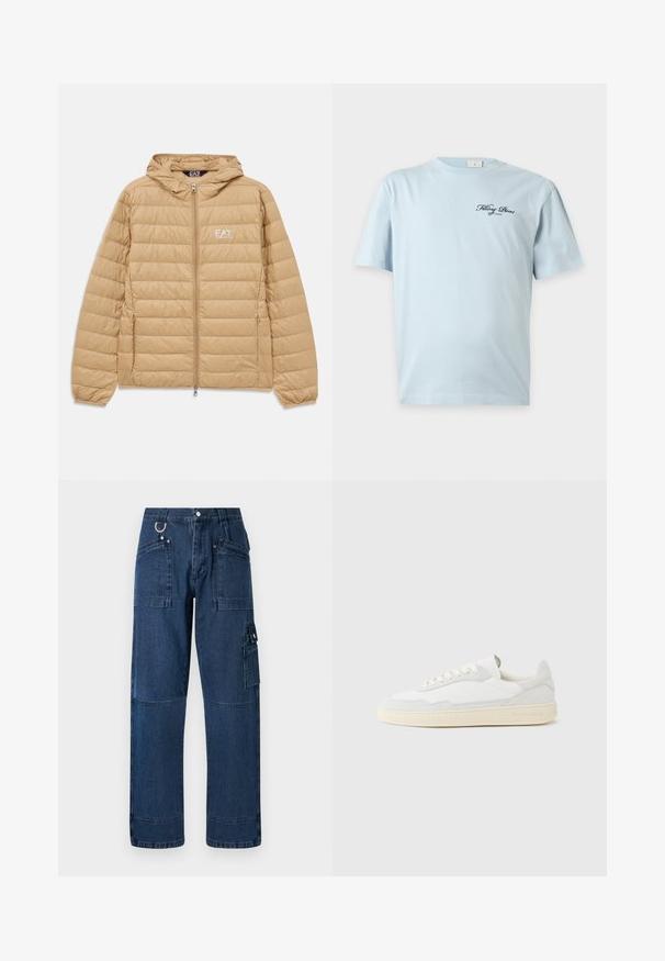 Hellbraune gesteppte Jacke mit Kapuze, Frontreißverschluss und EA7 Emporio Armani-Logo auf der linken Brust.; Hellblaues T-Shirt mit kurzen Ärmeln und kleinem schwarzen Kursivtext "Filling Pieces of Cinema" auf der linken Brust.; Dunkelblaue Denim-Cargo-Hosen mit geradem Schnitt, ausgestattet mit mehreren Taschen, metallischen Beschlägen und Kontrastnähten.; Weißer Sneaker mit strukturiertem Obermaterial aus Wildleder und Leder. Verfügt über eine runde Zehenpartie, Schnürverschluss und eine kontrastierende beige Gummisohle.