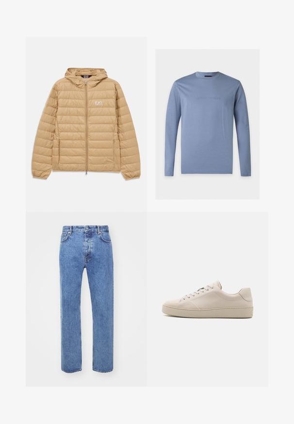 Lichtbruin gewatteerd jack met capuchon, voorzien van een ritssluiting aan de voorkant en het EA7 Emporio Armani-logo op de linkerborst.; Lichtblauw T-shirt met lange mouwen en ronde hals met geperst Emporio Armani-logo in het midden van de borst tegen een witte achtergrond.; Won Hundred STEVE - Relaxed fit jeans - cut blue; Beige leren sneakers met een gladde afwerking, ronde neus, platte zool en klassiek vetersluiting ontwerp. Subtiele stiksels en een gestructureerde buitenzool.