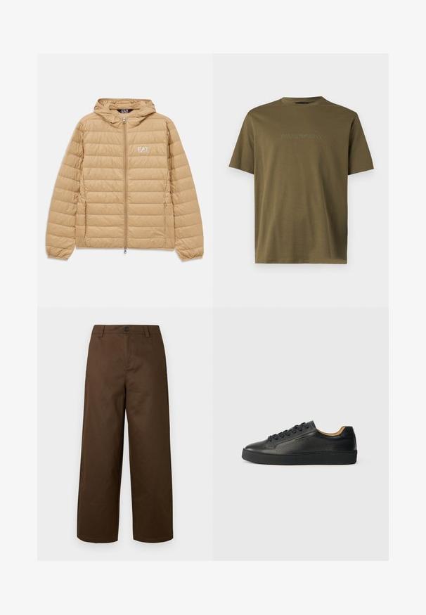 Lys brunt, quilted hette-jakke med frontglidelås og EA7 Emporio Armani-logo på venstre bryst.; Olivengrønn T-skjorte med korte ermer, rund hals og diskret brodert Emporio Armani-logo i midten av brystet.; Brune vidbente bukser laget av glatt stoff, med knappelukking foran og sidelommer, med et rent og enkelt design.; Svart lavt skinnsneaker med teksturert overflate, svarte lisser og tykk gummisåle, vist fra siden på en lys bakgrunn.