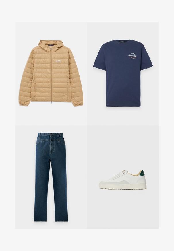 Hellbraune gesteppte Jacke mit Kapuze, Frontreißverschluss und EA7 Emporio Armani-Logo auf der linken Brust.; Marineblaues Baumwoll-T-Shirt mit kurzen Ärmeln. Auf der Brust ist „Iceberg Social Club“ in Weiß und Rot eingestickt. Rundhalsausschnitt, legerer Schnitt.; Dunkelblaue Denim-Jeans mit geradem Bein und hoher Taille, mit Fronttaschen und Knopfverschluss. Texturiert mit subtilen Auswaschungen.; Weiße Sneaker mit Wildlederelementen, runder Zehenpartie, flachen Schnürsenkeln und einer cremefarbenen Gummisohle. Mit grünen Markenlogo am Fersenbereich.