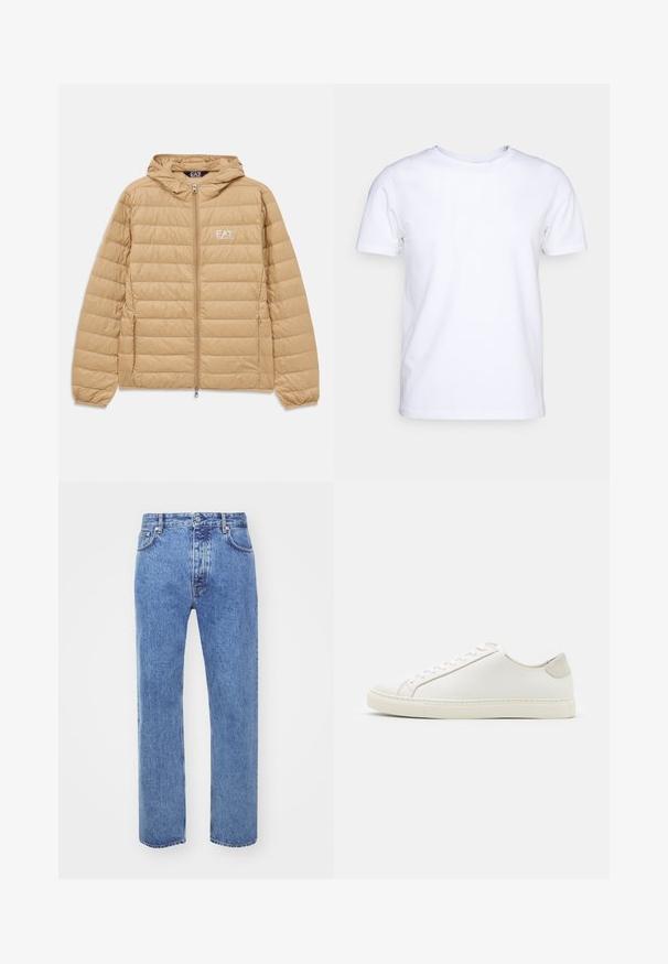 Lichtbruin gewatteerd jack met capuchon, voorzien van een ritssluiting aan de voorkant en het EA7 Emporio Armani-logo op de linkerborst.; Witte katoenen t-shirt met korte mouwen en een ronde hals. Eenvoudig ontwerp zonder patronen of accenten. Glad textuur.; Won Hundred STEVE - Relaxed fit jeans - cut blue; Witte leren sneaker met een gladde oppervlakte, ronde neus en minimalistisch ontwerp. Heeft beige accenten op de hiel en een rubberen zool.