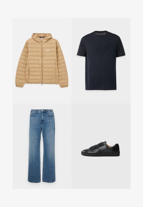 Lichtbruin gewatteerd jack met capuchon, voorzien van een ritssluiting aan de voorkant en het EA7 Emporio Armani-logo op de linkerborst.; Zwart T-shirt met korte mouwen en ronde hals, met een subtiel reliëf adelaarlogo op de borst en een merklapje binnenin de kraag.; Brede blauwe jeans van denim met een verouderde afwerking. Heeft vijf zakken, een sluiting met vooraan knoop en een rechte snit.; Zwarte leren sneaker met een gladde textuur, ronde neus en vetersluiting. Heeft een dikke rubberen zool en minimale merkaanpassing.