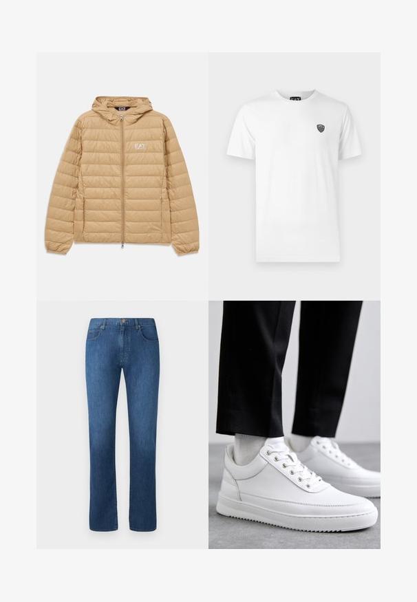 Kergelt pruunist õmblustatud kapuutsiga jakk, millel on ees lukk ja EA7 Emporio Armani logo vasakul rinnal.; Valge puuvillane T-särk lühikeste varrukatega, millel on vasakul rinnal väike must logo. Klassikaline ümara kaelusega disain.; Tumedat sinised teksad sirge lõikega, viie taskuga ja eespaneeliga nööbitekiga. Sujuv tekstuur ja klassikalised õmblusdetailid.; Valged nahast tennisetossud, millel on lame kummist tallapool, sile viimistlus, ümar varvas ja metallist silmadega paelte jaoks. Kantud mustade pükstega.