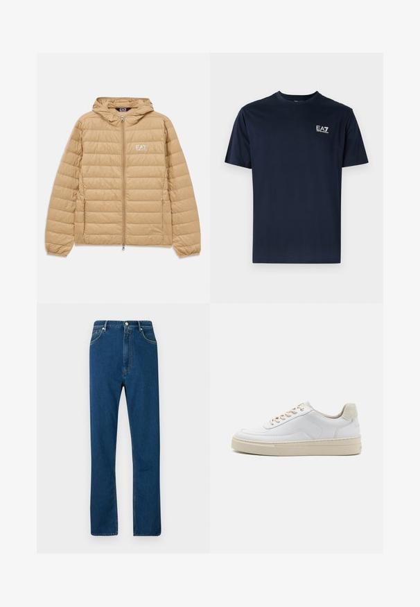 Hellbraune gesteppte Jacke mit Kapuze, Frontreißverschluss und EA7 Emporio Armani-Logo auf der linken Brust.; Navyblaue Baumwoll-T-Shirt mit kurzen Ärmeln, Rundhalsausschnitt und EA7-Logo auf der oberen linken Seite in Weiß. Glatte Textur, lässiges Design.; Blaue Jeans mit hohem Bund, geradem Schnitt, Fünf-Taschen-Design und kontrastierendem orangefarbenem Nähen. Geschmeidige Textur.; Weiße Sneaker mit einem glatten Lederobermaterial, beigen Schnürsenkeln und einer strukturierten, beigen Wildleder-Fersenschlaufe. Erhöhte Sohle für zusätzlichen Komfort.