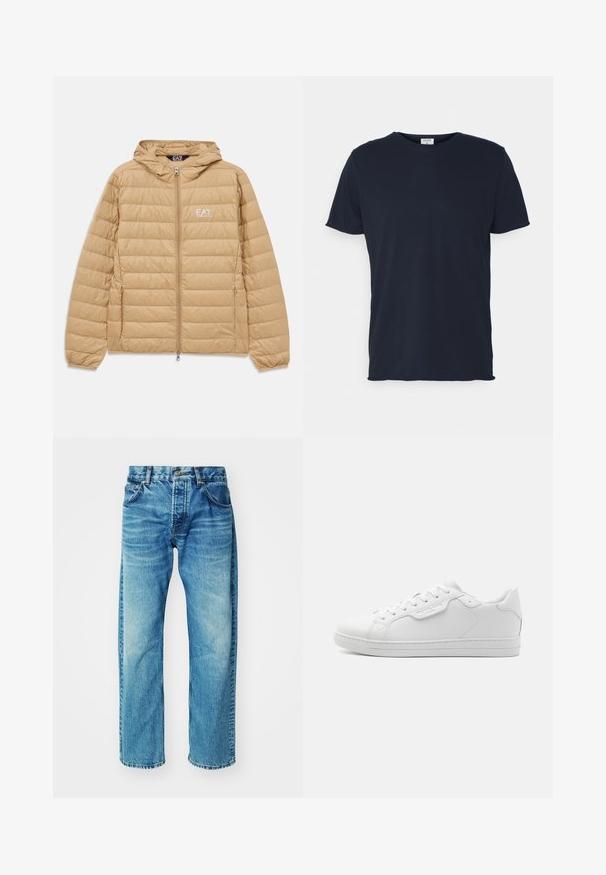 Veste à capuche matelassée marron clair avec fermeture éclair sur le devant et logo EA7 Emporio Armani sur la poitrine gauche.; T-shirt en coton bleu marine avec un col rond et des manches courtes, présentant une texture lisse et un design simple, sans motifs ni accents visibles.; Jean en denim bleu à coupe décontractée, avec cinq poches, un bouton à fermeture, un léger délavage et un ourlet légèrement effiloché.; Baskets en cuir blanc avec un bout arrondi, six œillets, lacets plats et un design minimaliste. Présente un petit logo sur le côté.
